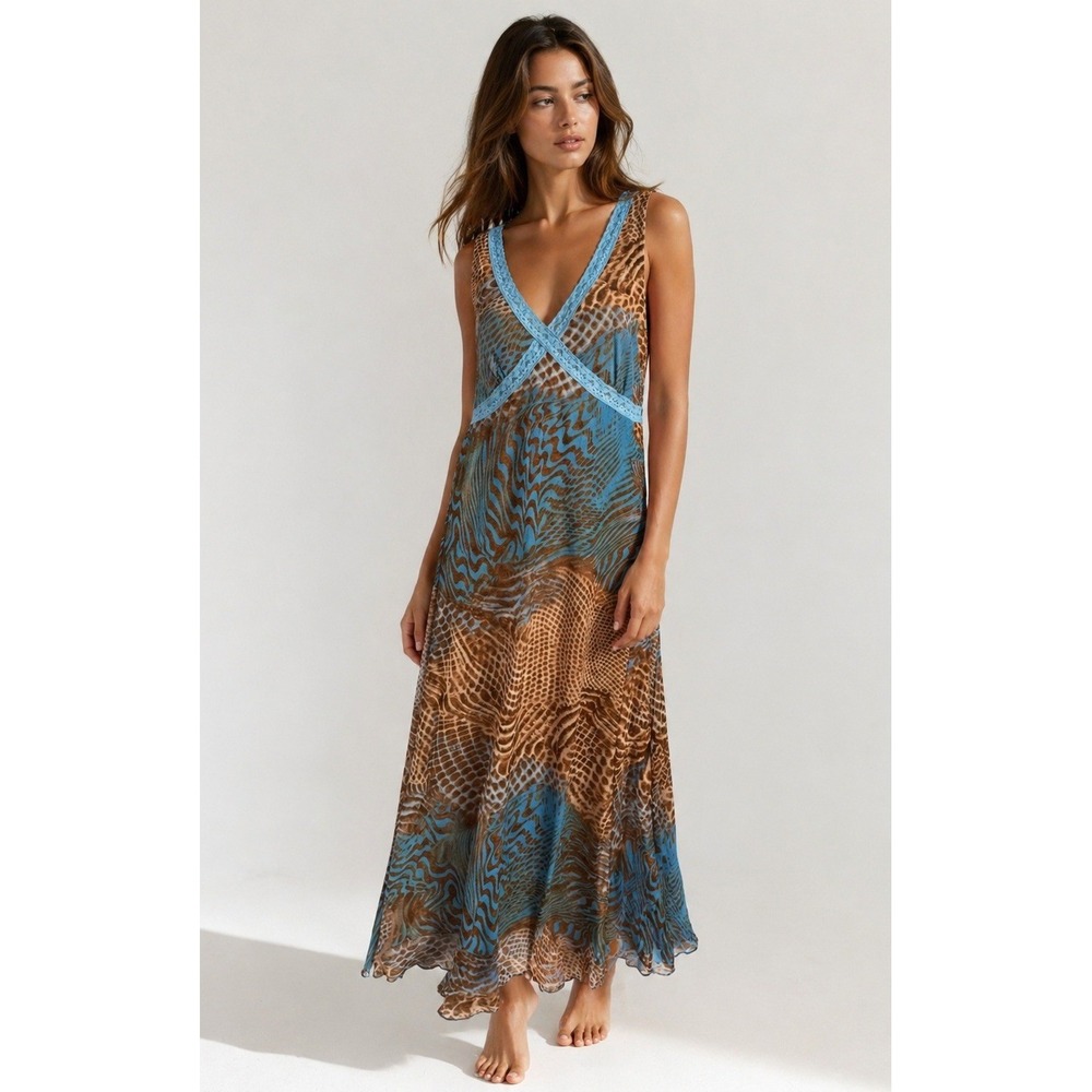 Vintage Y2K Barami Babydoll Lace Trim Dress Women Large Blue Brown Animal Print